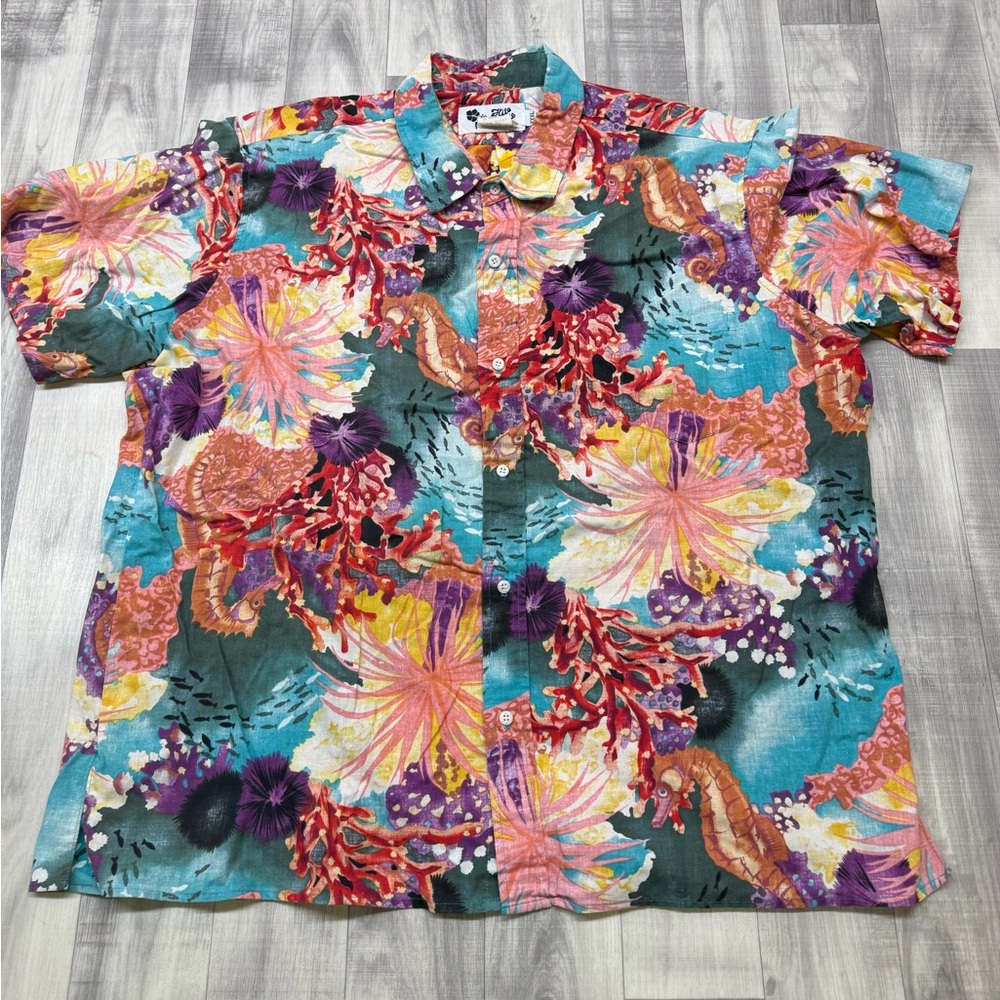 Vintage Mens 3XL Short-Sleeve Button-Up Hawaiian Shirt Coral Reef Seahorse FADED